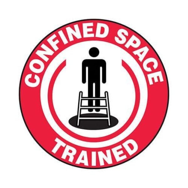 Accuform Hard Hat Sticker, 214 in Length, 214 in Width, CONFINED SPACE TRAINED Legend, Adhesive Vinyl LHTL114